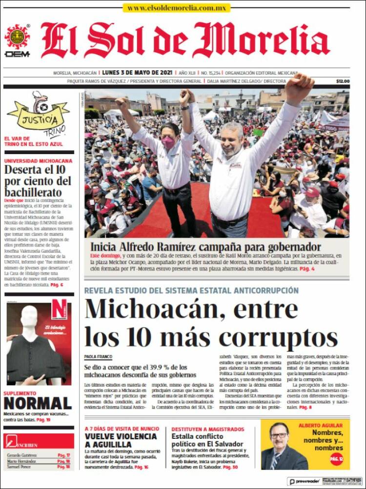 Portada de El Sol de Morelia (México)