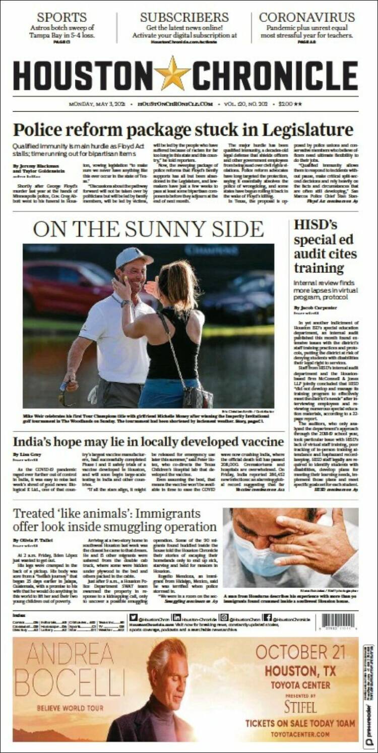 Portada de Houston Chronicle (USA)