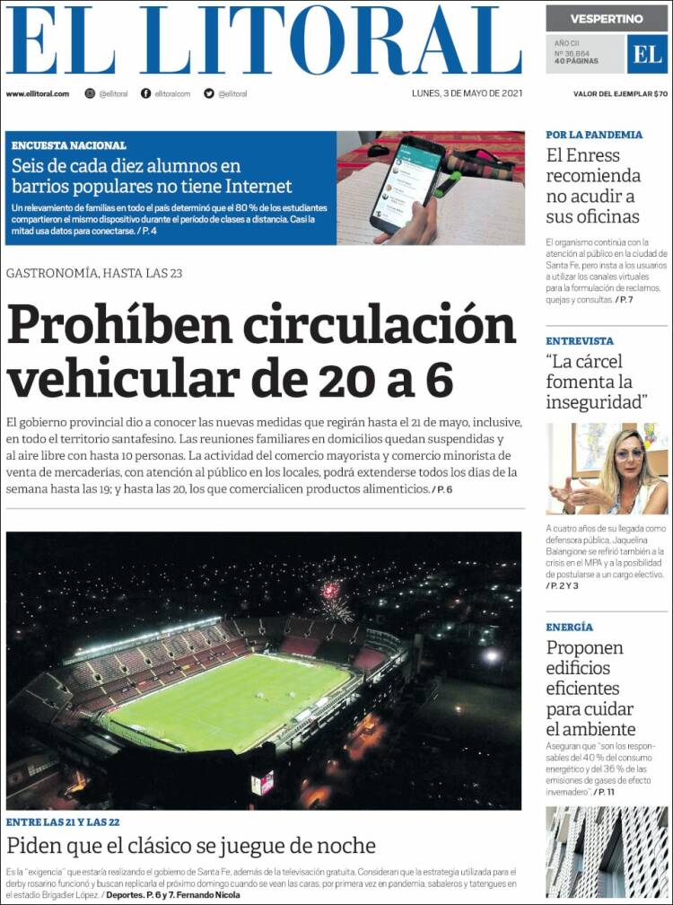 Portada de Diario El Litoral (Argentina)
