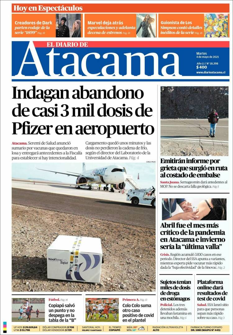 Portada de Diario de Atacama (Chile)