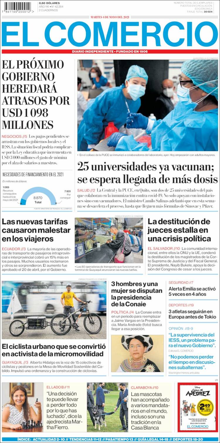 Portada de El Comercio (Ecuador)