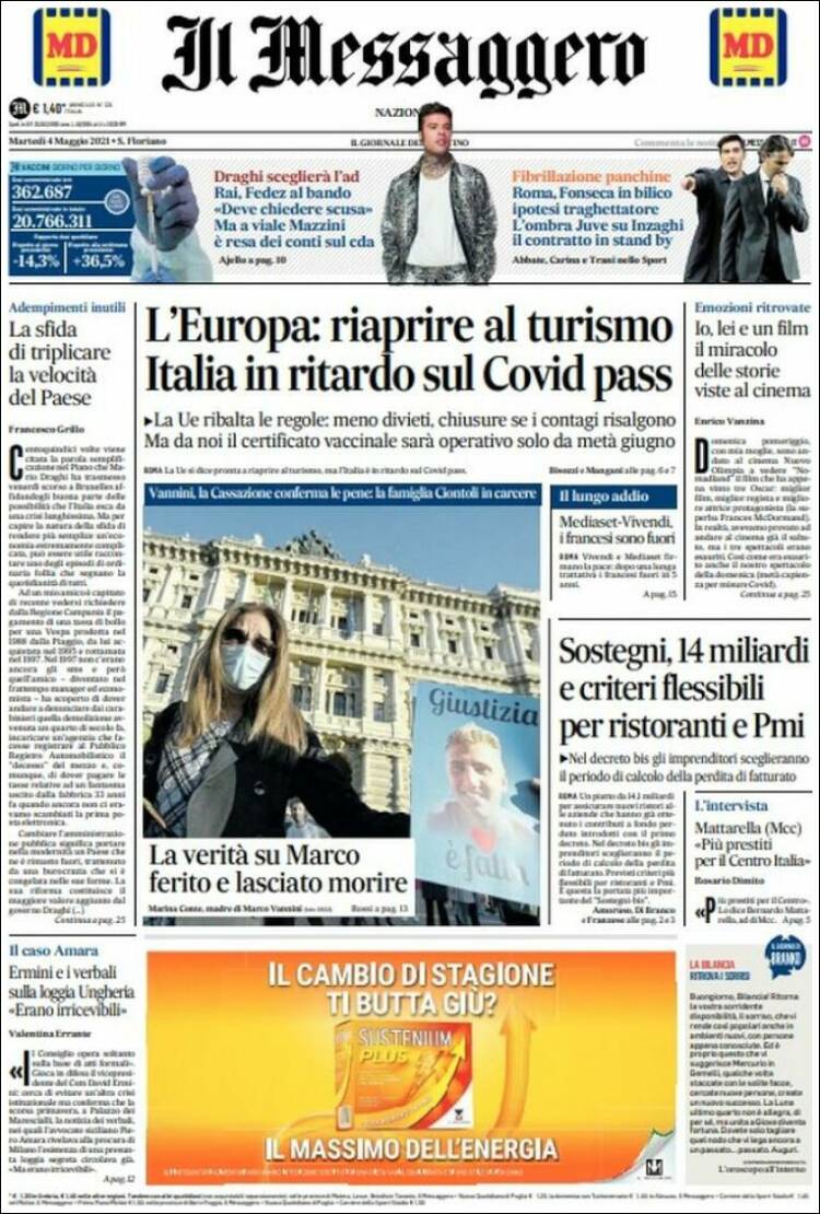 Portada de Il Messaggero (Italia)