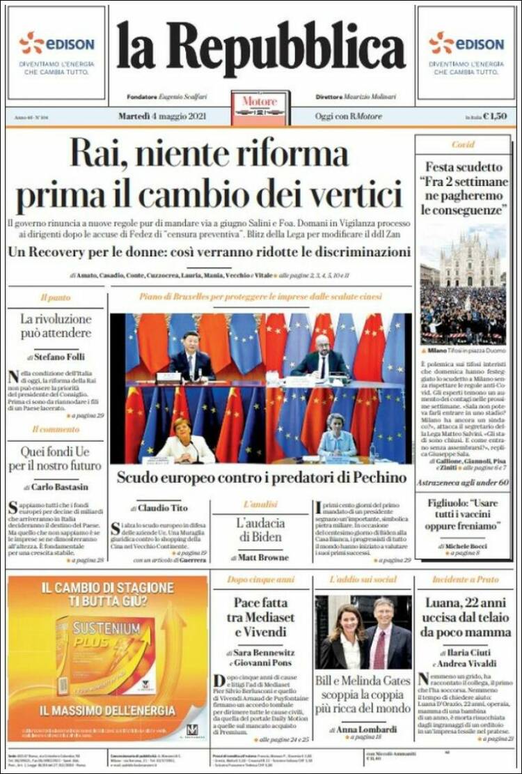 Portada de La Repubblica (Italia)