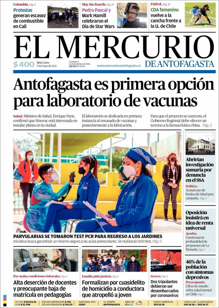 Portada de El Mercurio de Antofagasta (Chile)