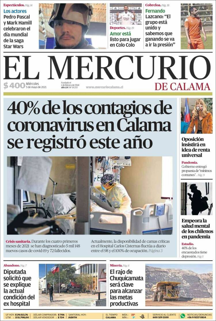 Portada de El Mercurio - Calama (Chile)