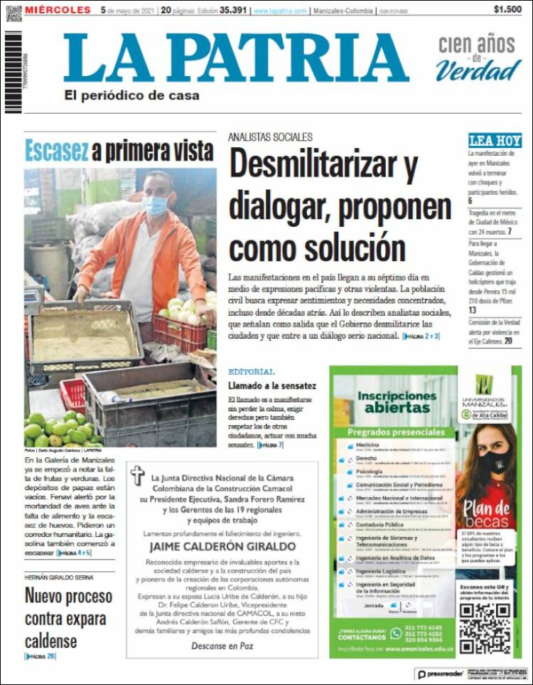 Portada de La Patria (Colombia)