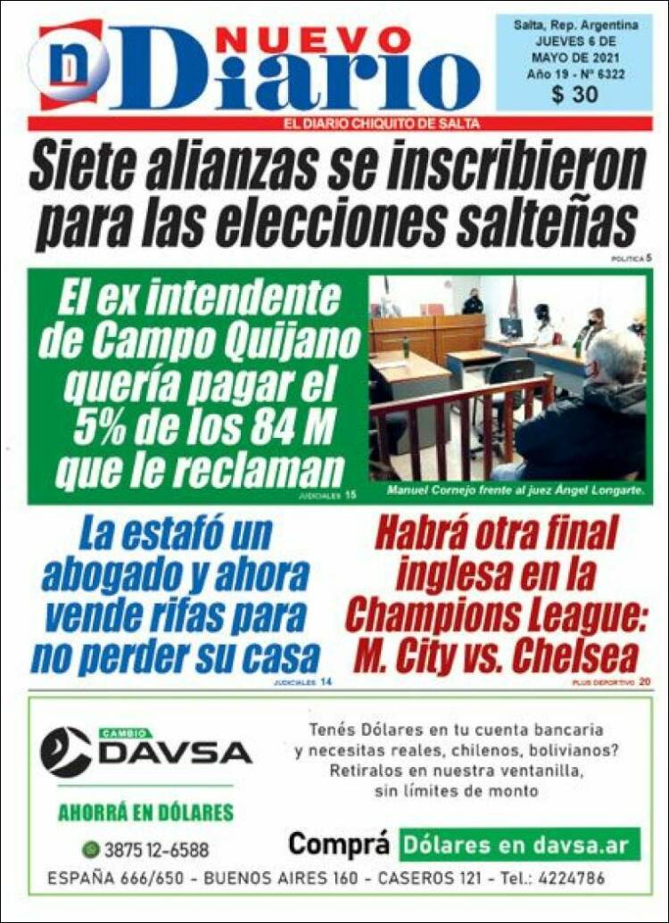 Portada de Nuevo Diario de Salta (Argentina)