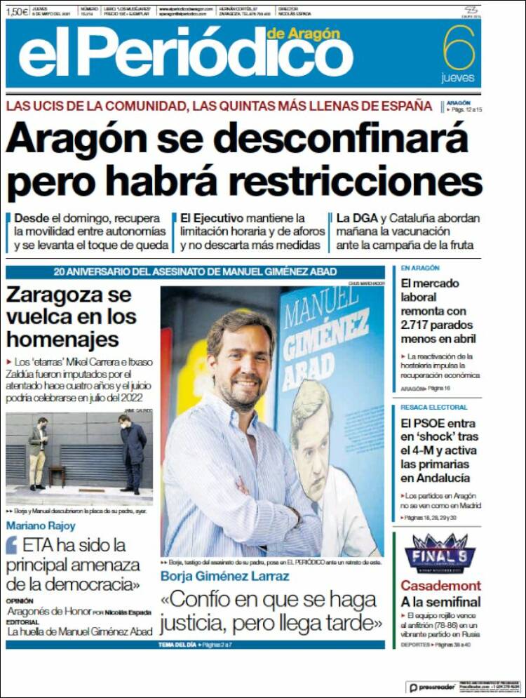 Portada de El Periódico de Aragón (Spain)