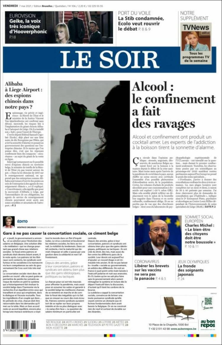 Portada de Le Soir (B&eacute;lgica)