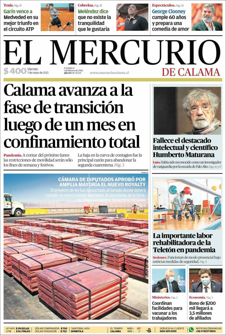 Portada de El Mercurio - Calama (Chile)