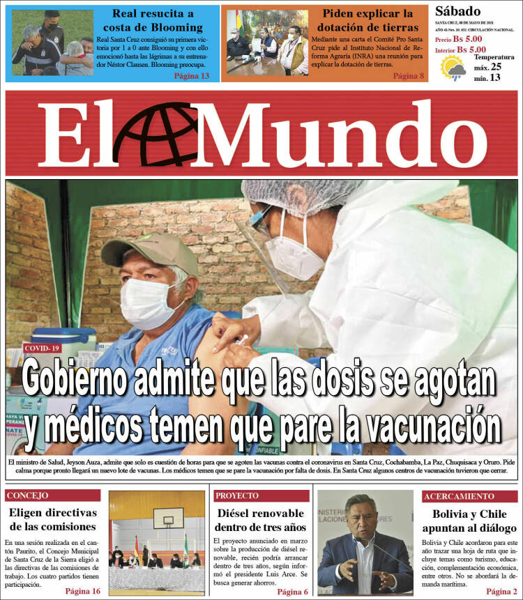Periódico El Mundo (Bolivia). Periódicos de Bolivia. Edición de sábado, 8  de mayo de 2021. Kiosko.net
