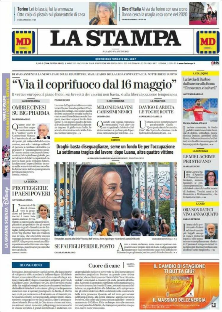 Portada de La Stampa (Italia)