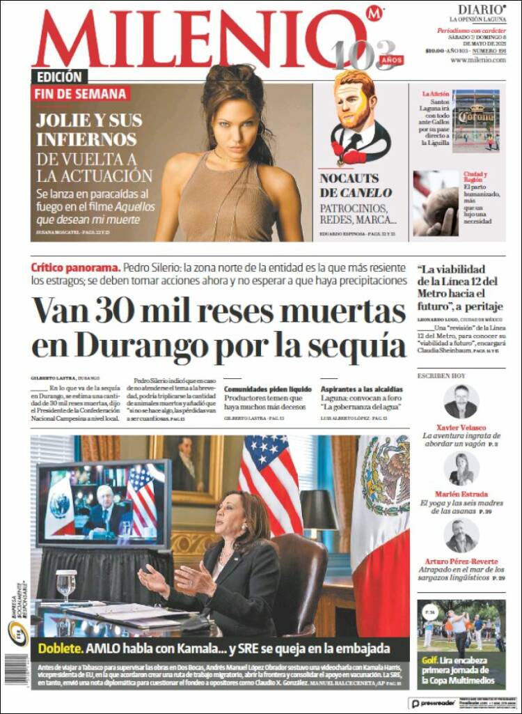 Portada de Milenio - Laguna (México)