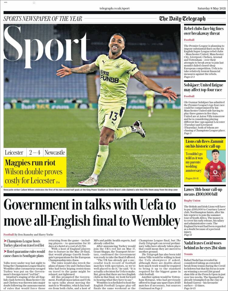 Portada de Telegraph Sport (Reino Unido)