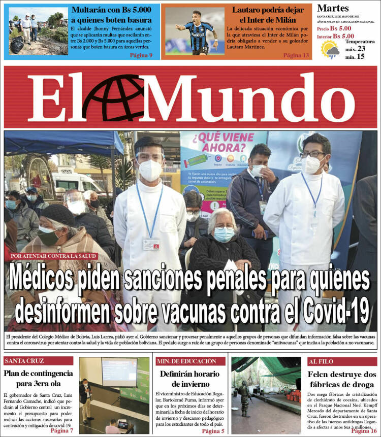 Portada de El Mundo (Bolivia)