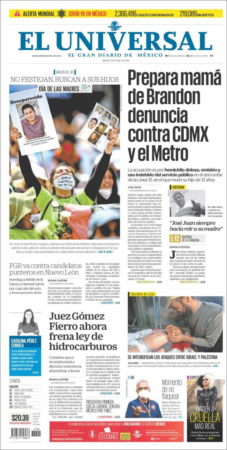 Periódico El Universal (México). Periódicos de México. Edición de martes,  11 de mayo de 2021. Kiosko.net