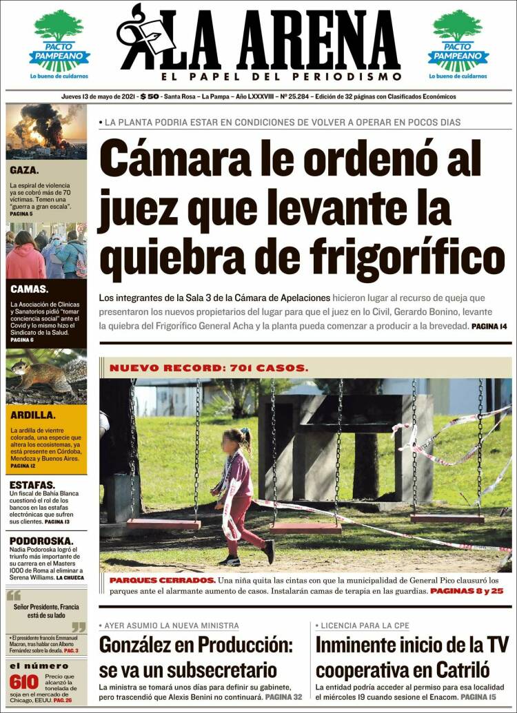 Portada de Diario La Arena (Argentina)