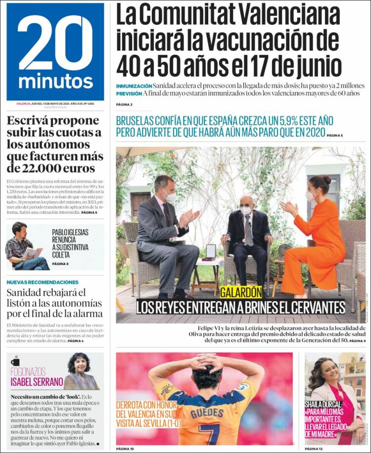 Portada de 20 Minutos - Valencia (España)