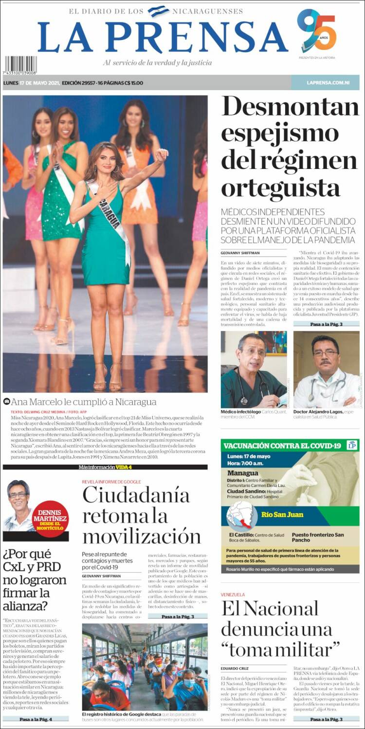 Newspaper La Prensa (Nicaragua). Newspapers in Nicaragua. Monday's edition,  May 17 of 2021. 