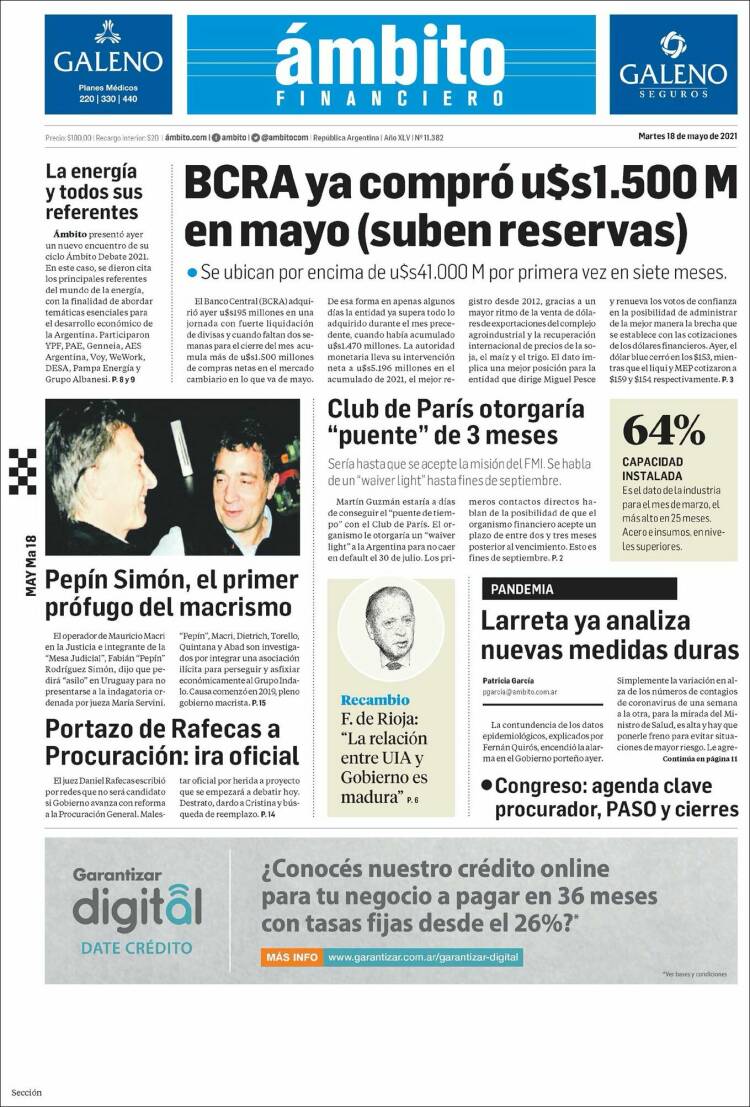 Portada de Diario Ambito Financiero (Argentina)