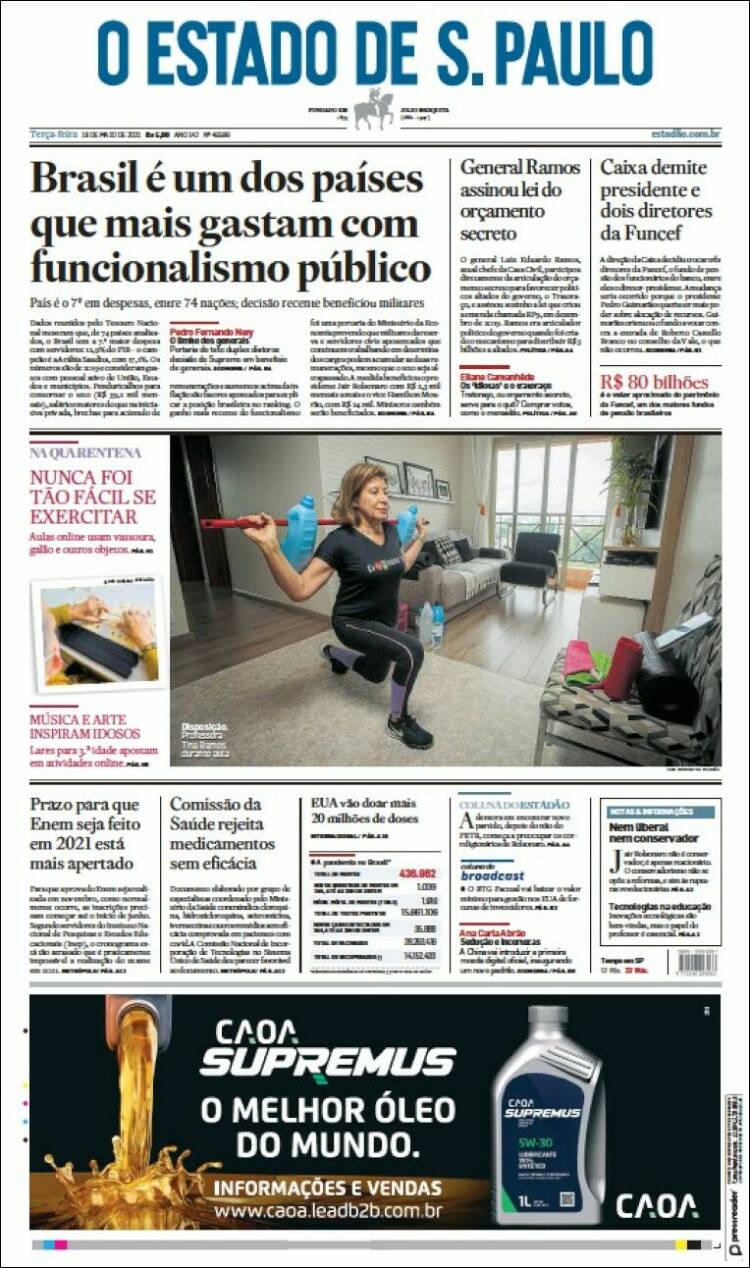 Portada de O Estado de São Paulo (Brasil)