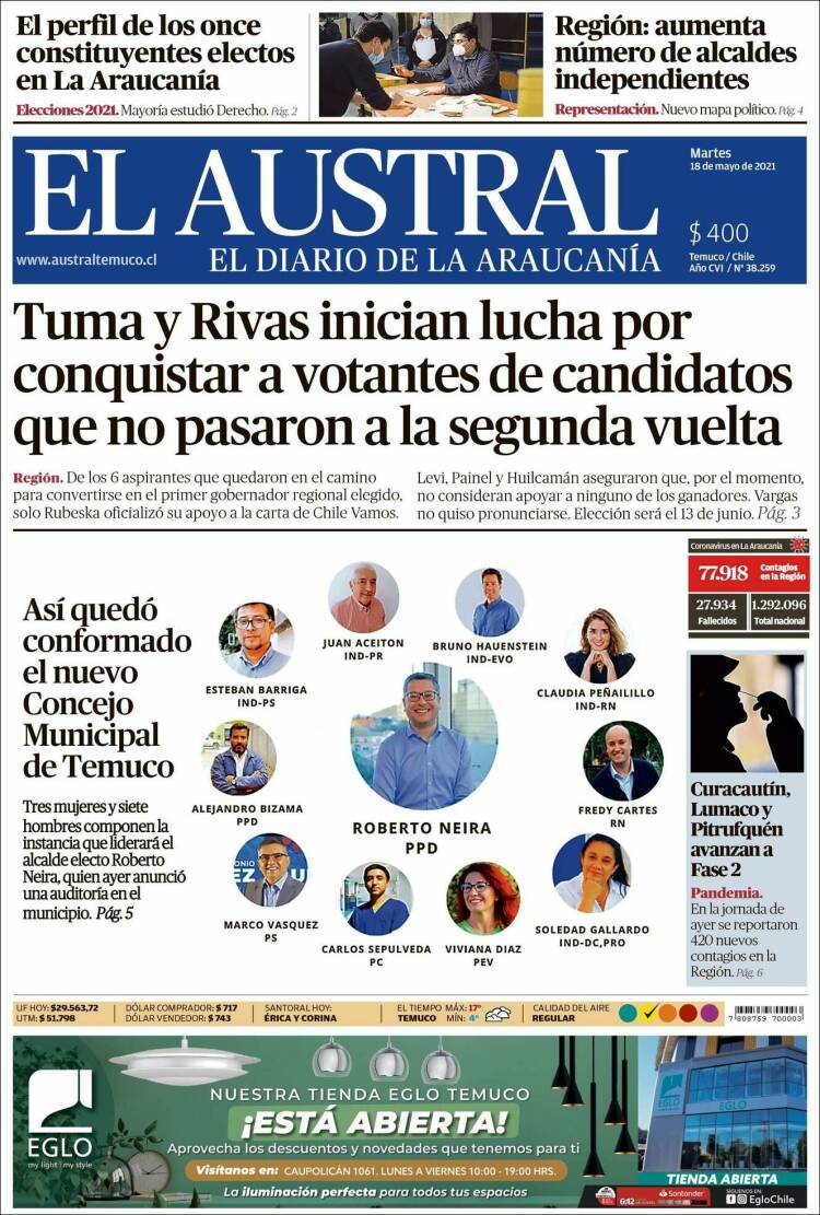 Portada de El Austral de Temuco (Chile)