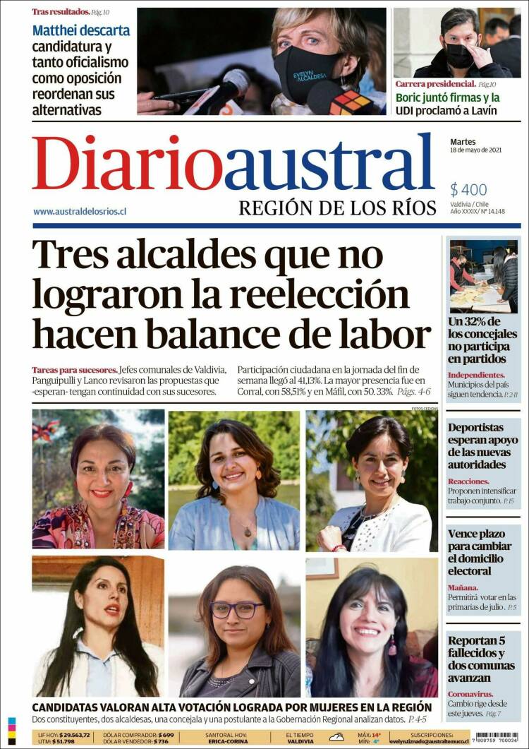 Portada de El Diario Austral de Valdivia (Chile)