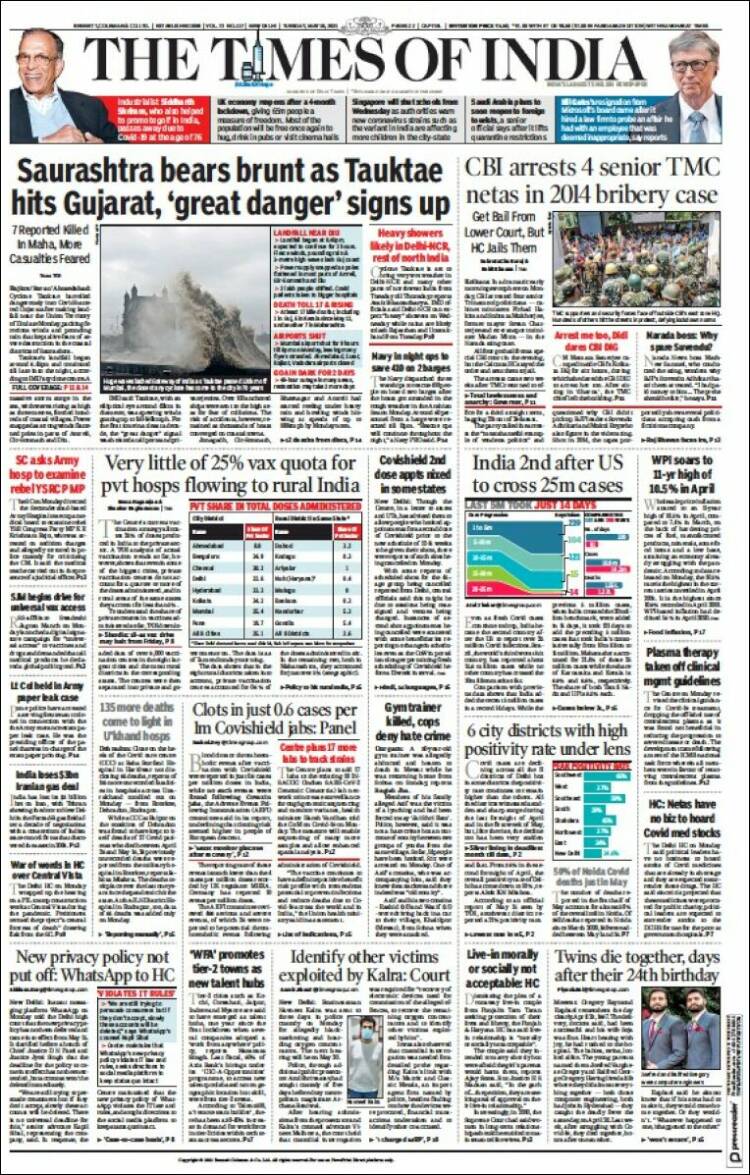 Portada de The Times of India (India)