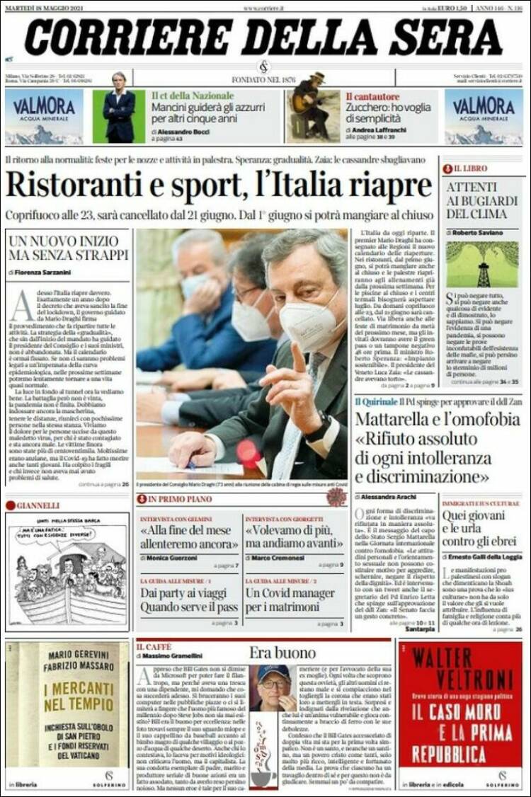 Portada de Corriere della Sera (Italia)