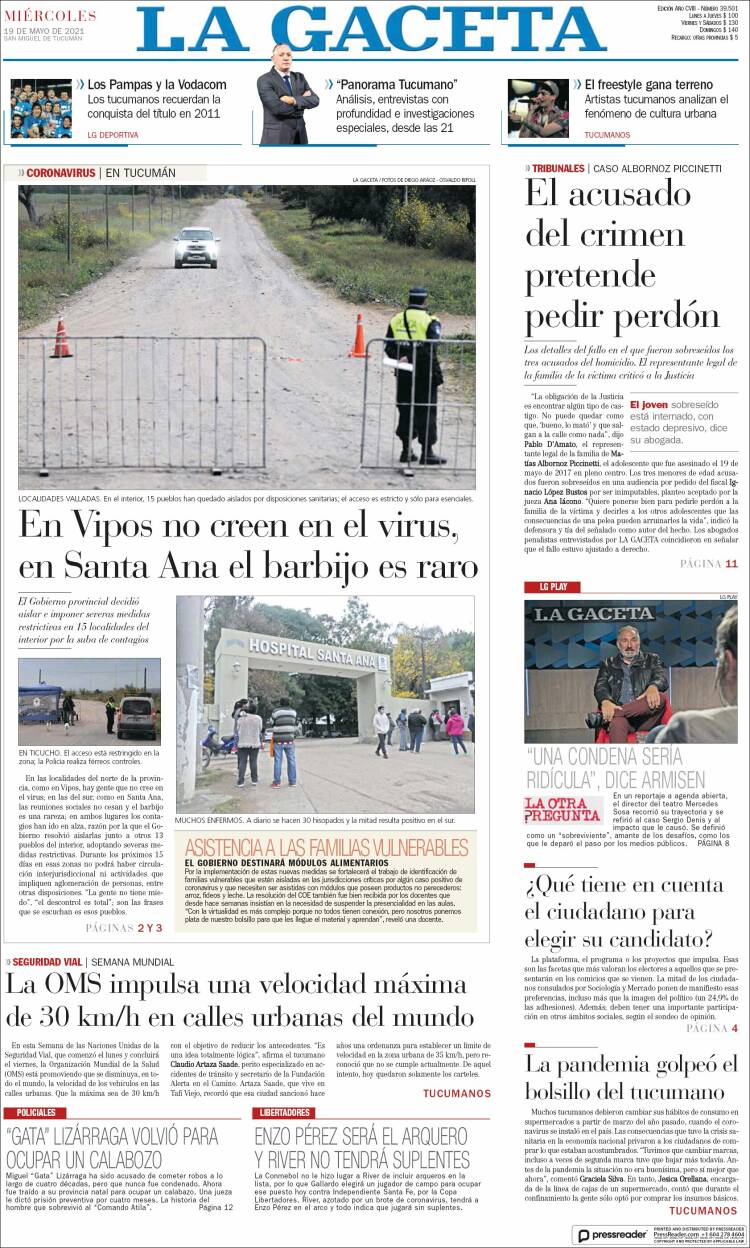 Portada de La Gaceta (Argentina)