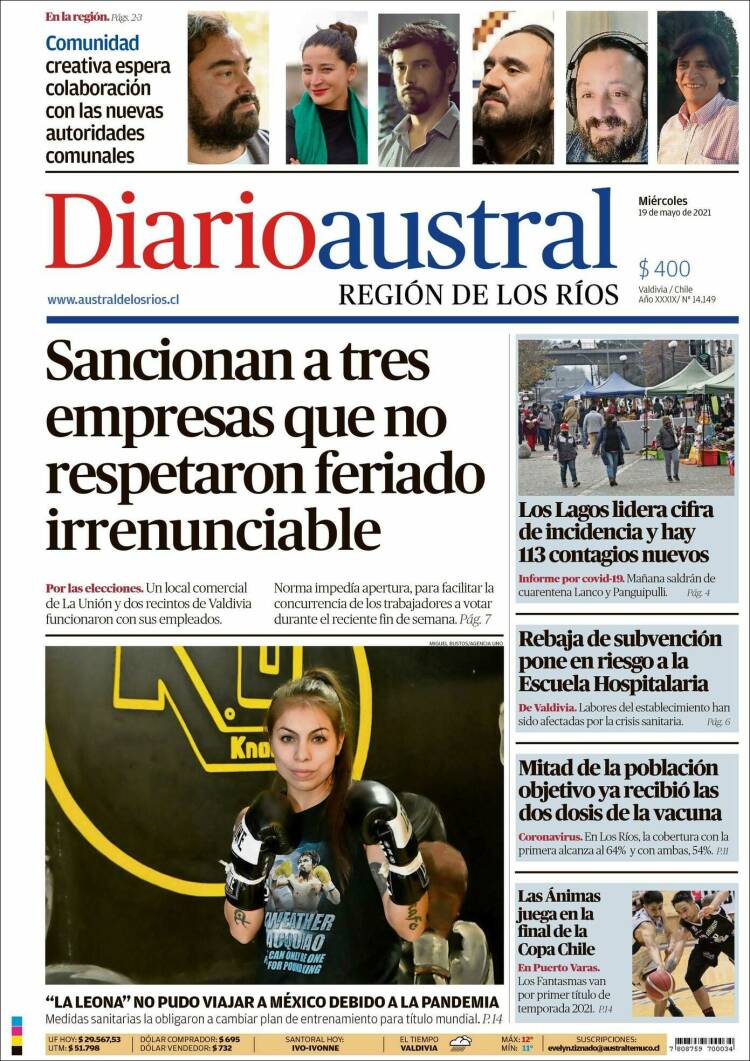 Portada de El Diario Austral de Valdivia (Chile)