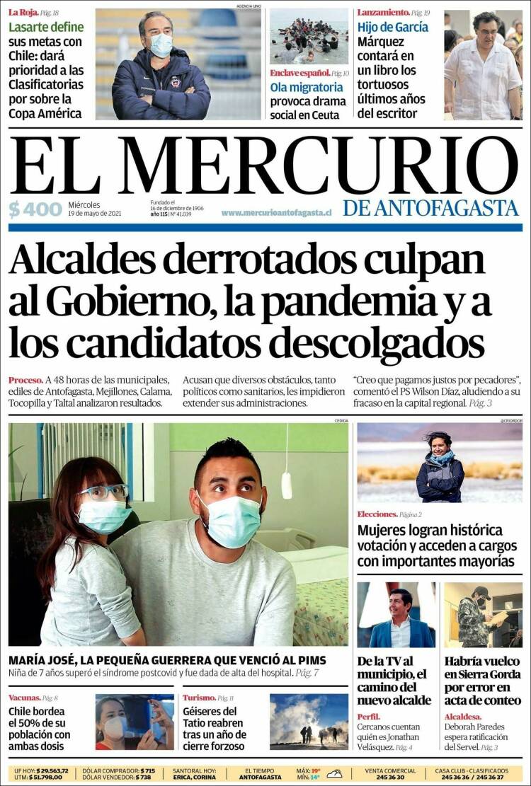 Portada de El Mercurio de Antofagasta (Chile)