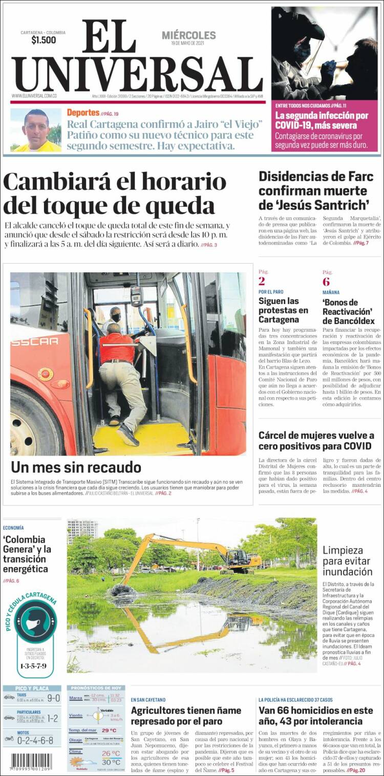 Portada de El Universal (Colombia)