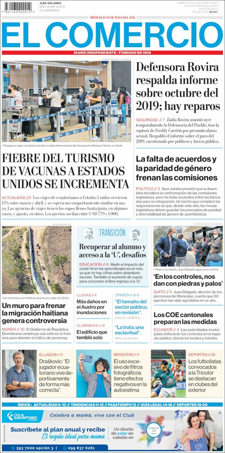 Portada de El Comercio (Ecuador)