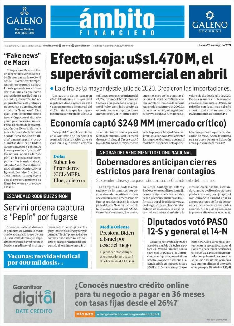 Portada de Diario Ambito Financiero (Argentina)