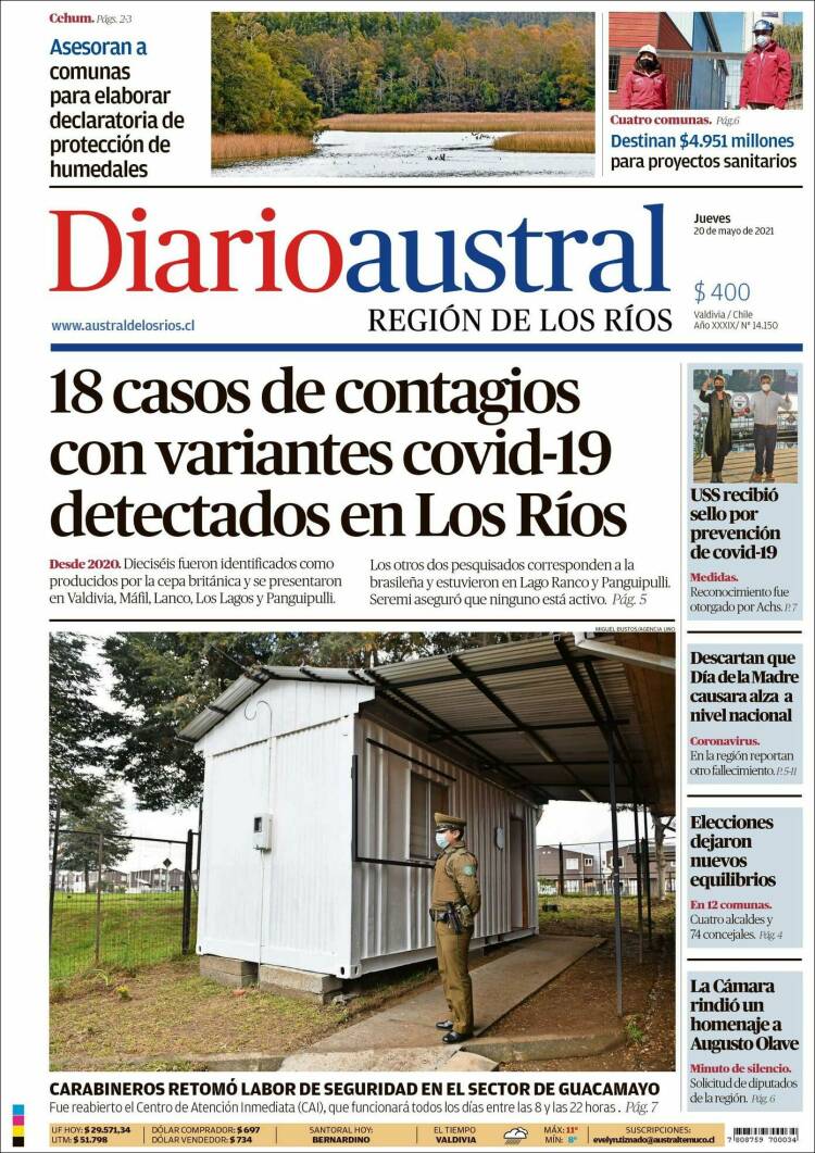 Portada de El Diario Austral de Valdivia (Chile)