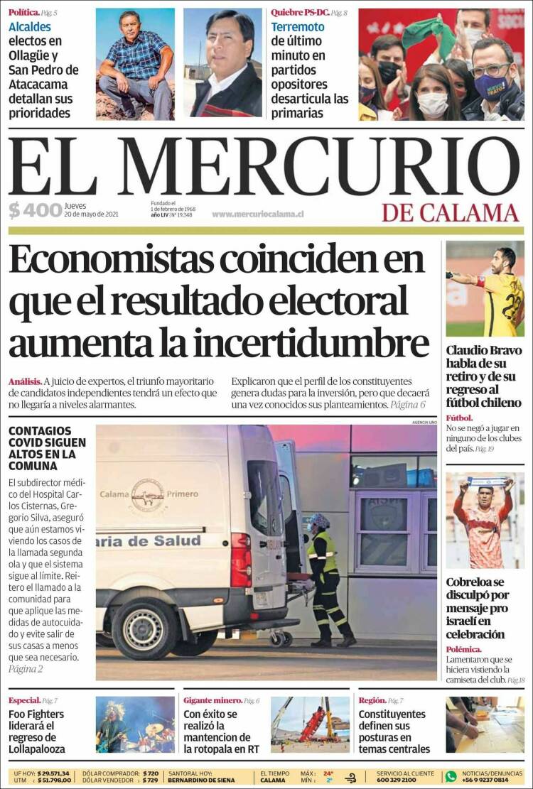 Portada de El Mercurio - Calama (Chile)