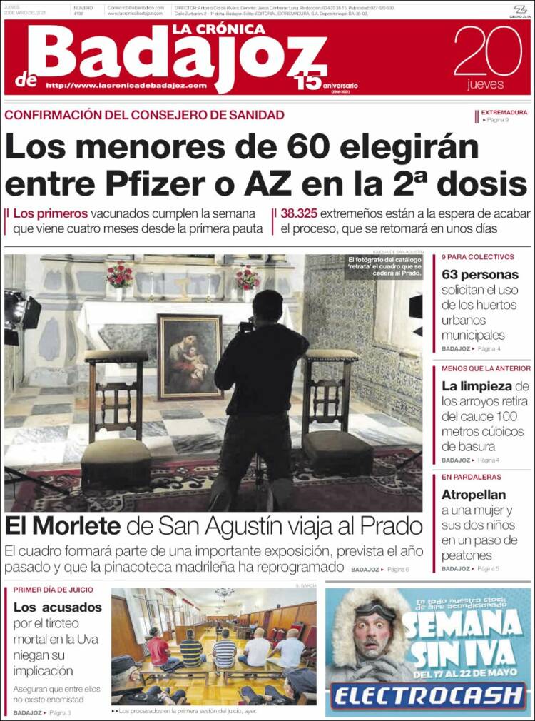 Portada de La Crónica de Badajoz (España)