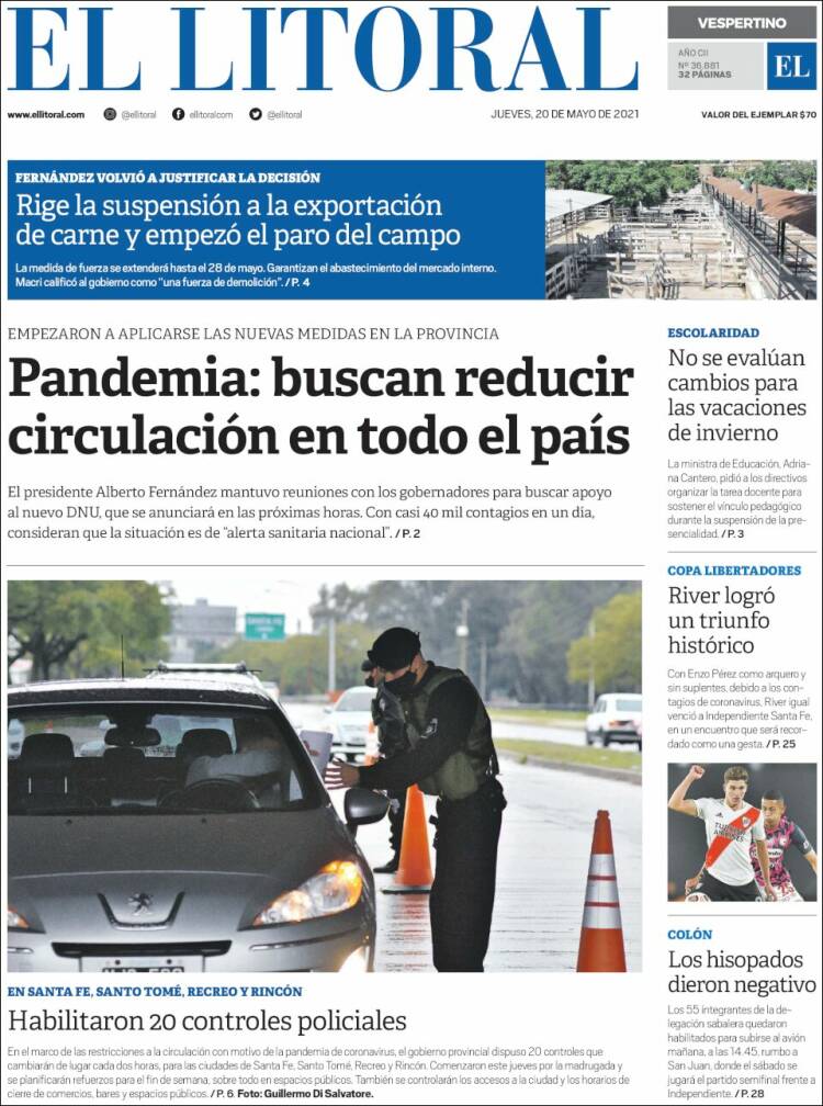 Portada de Diario El Litoral (Argentina)