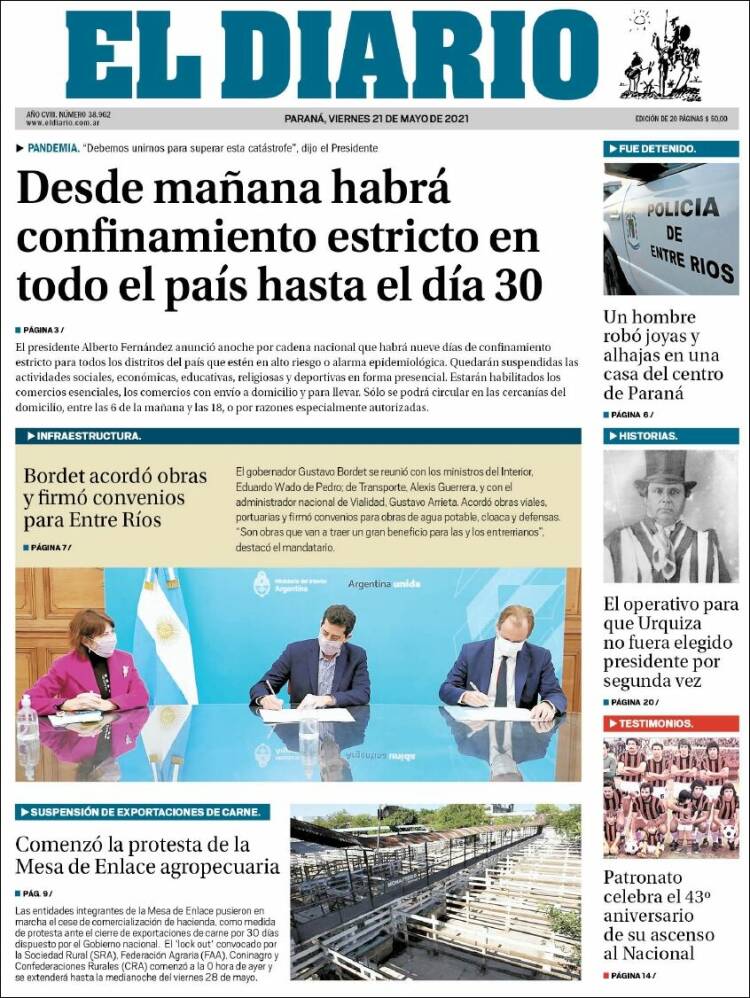 Portada de El Diario de Paraná (Argentina)