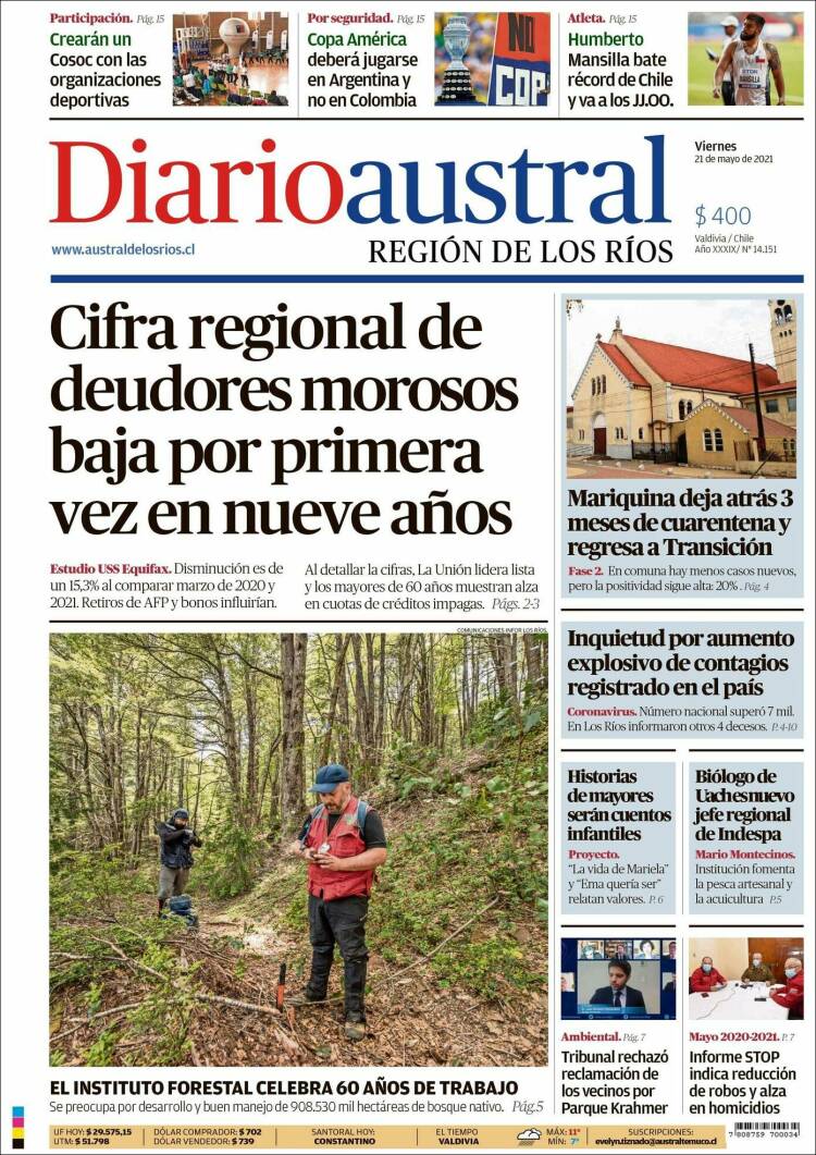 Portada de El Diario Austral de Valdivia (Chile)