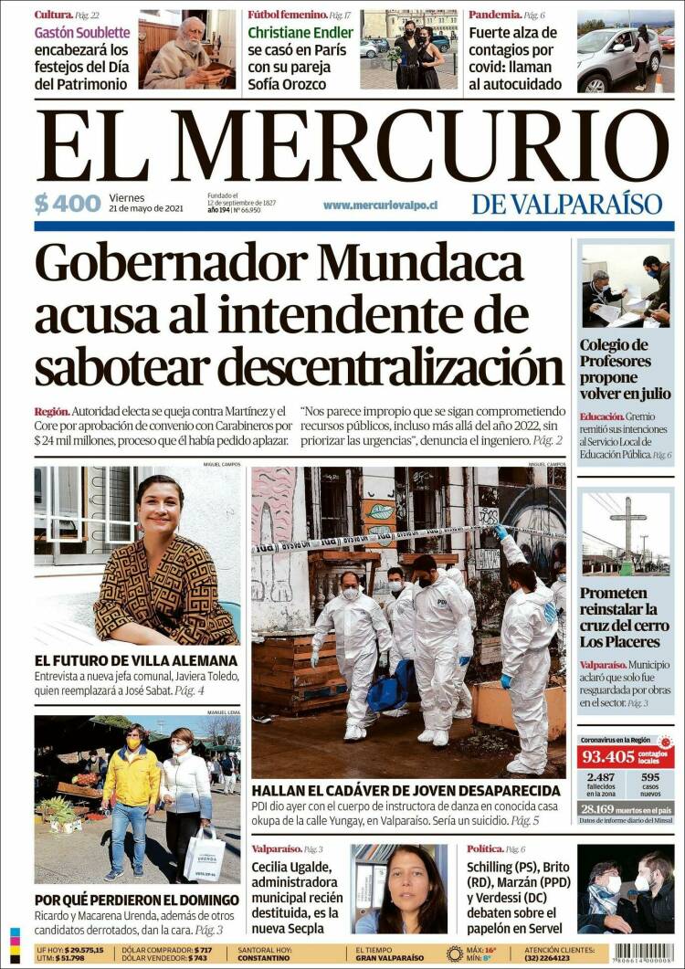 Portada de Mercurio de Valparaiso (Chile)