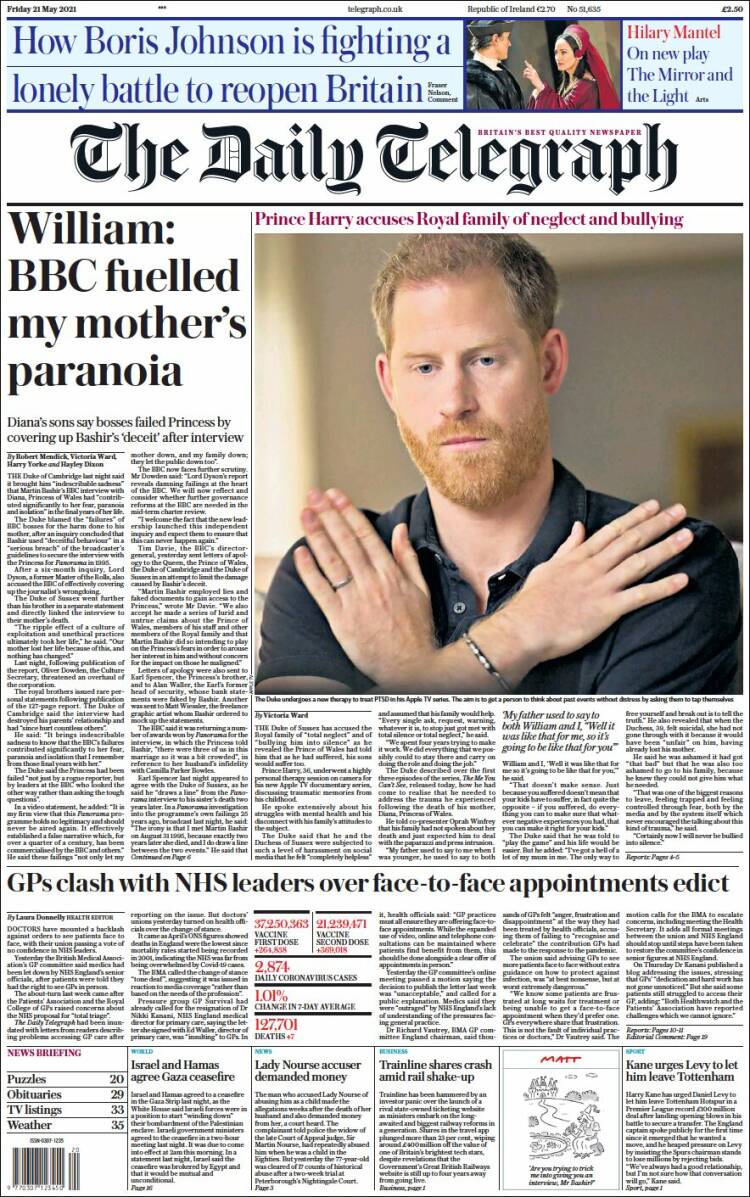 Portada de Daily Telegraph (Reino Unido)