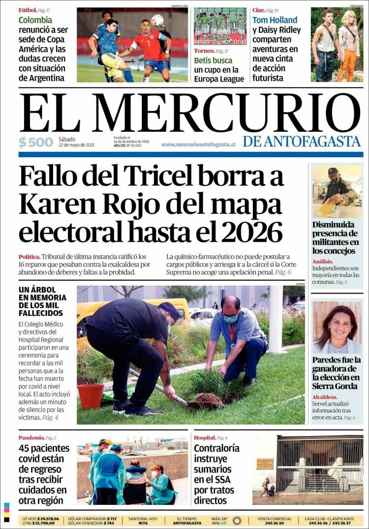 Portada de El Mercurio de Antofagasta (Chile)