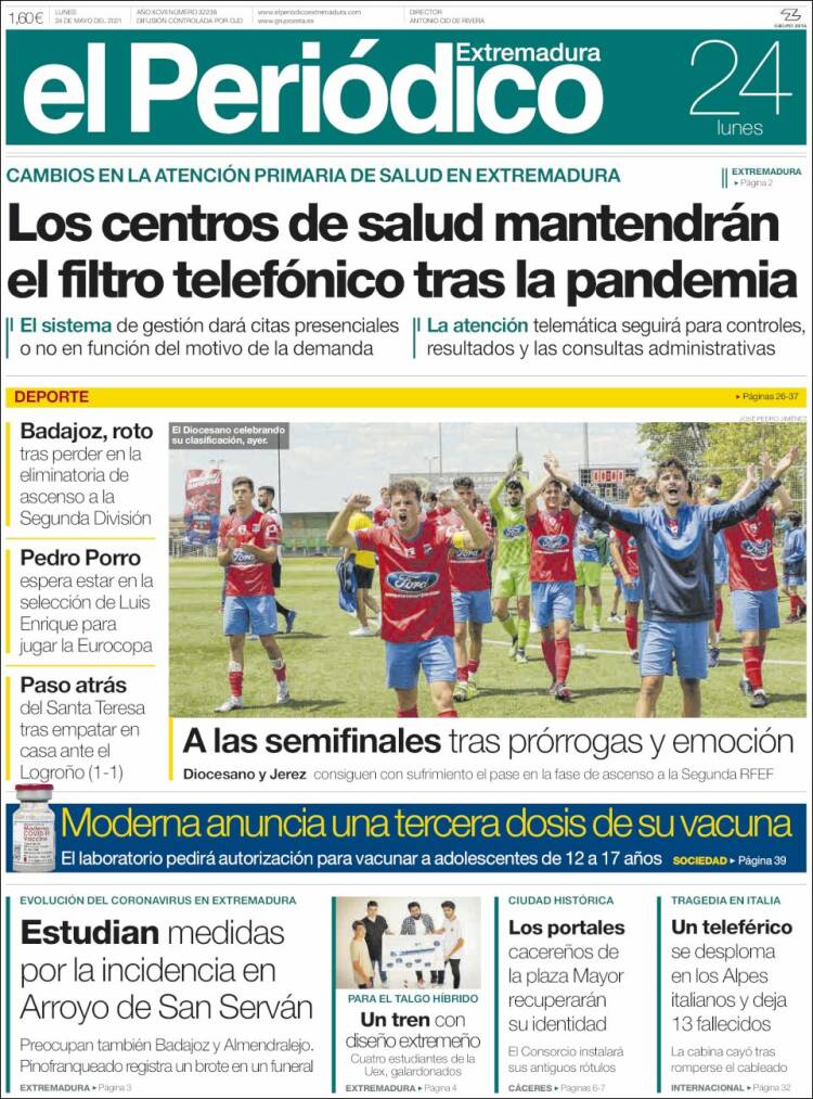 Portada de El Periódico de Extremadura (España)