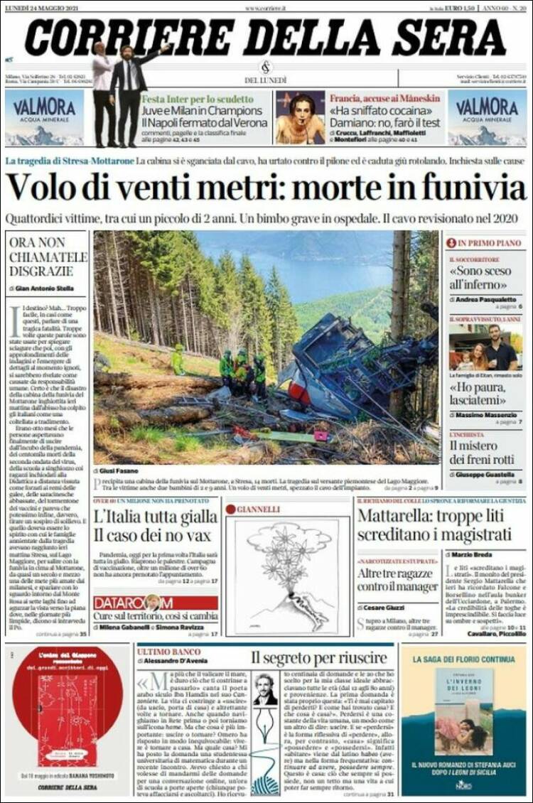 Portada de Corriere della Sera (Italia)