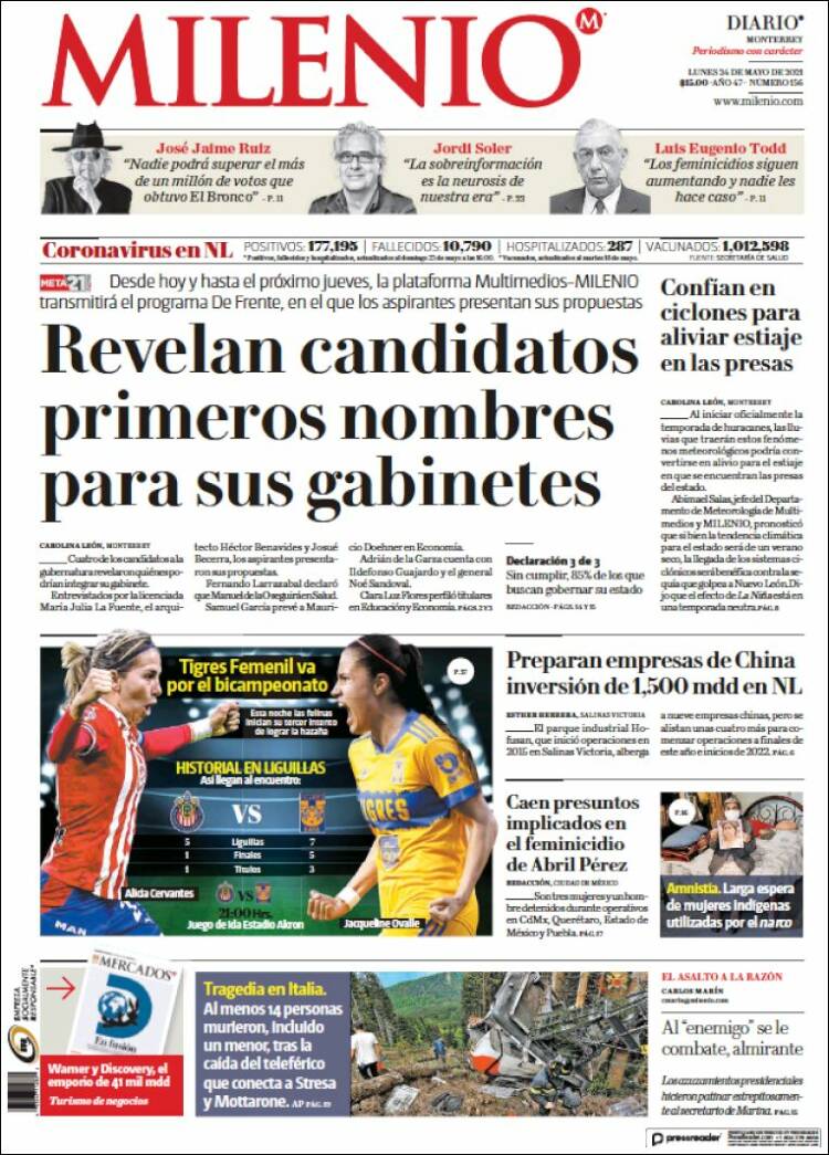 Portada de Milenio de Monterrey (México)