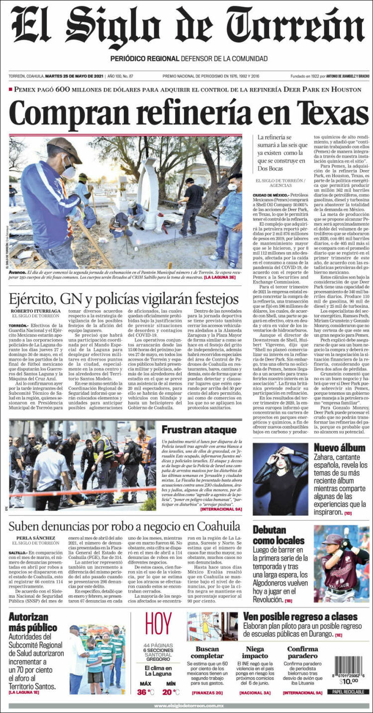 Portada de El Siglo de Torreon (M&eacute;xico)