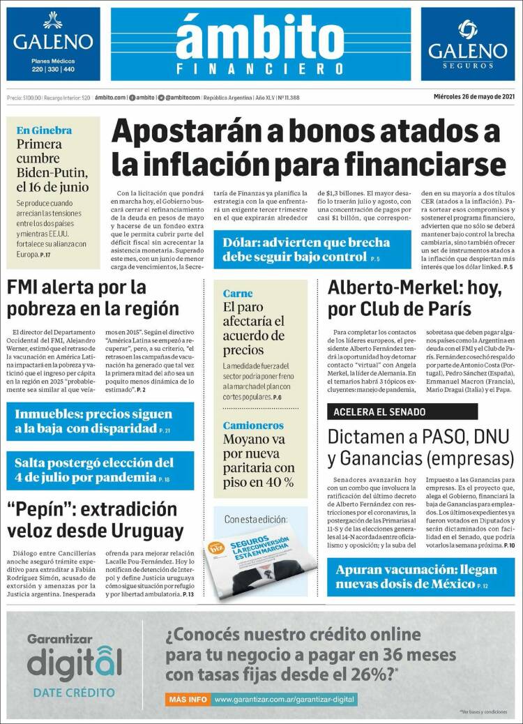 Portada de Diario Ambito Financiero (Argentine)