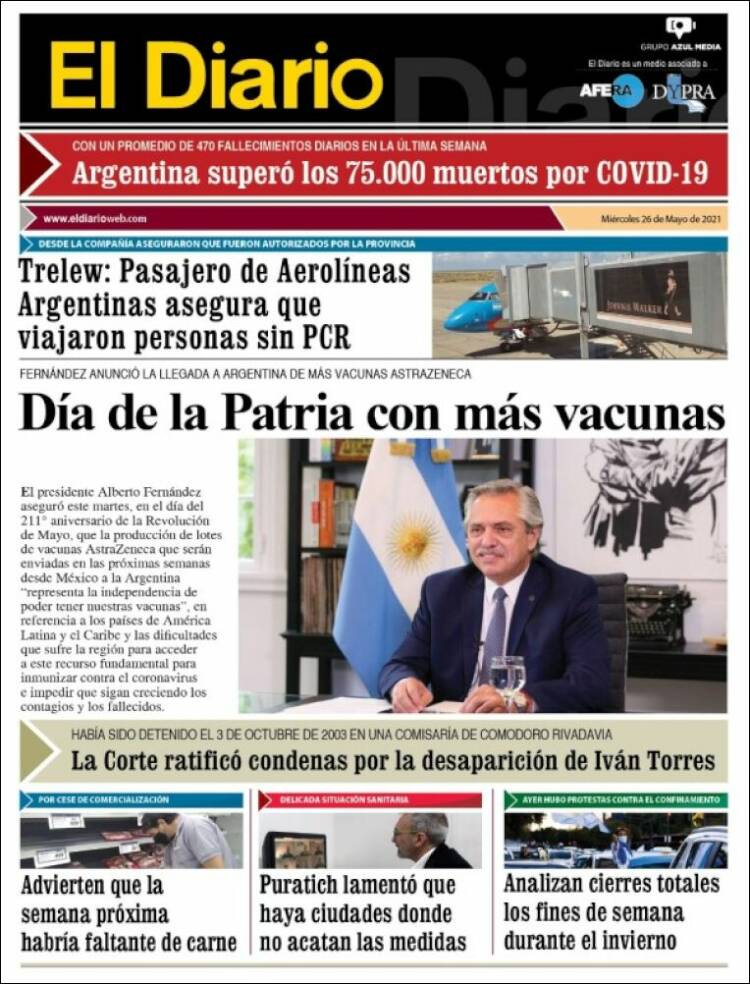 Portada de El Diario de Madryn (Argentina)